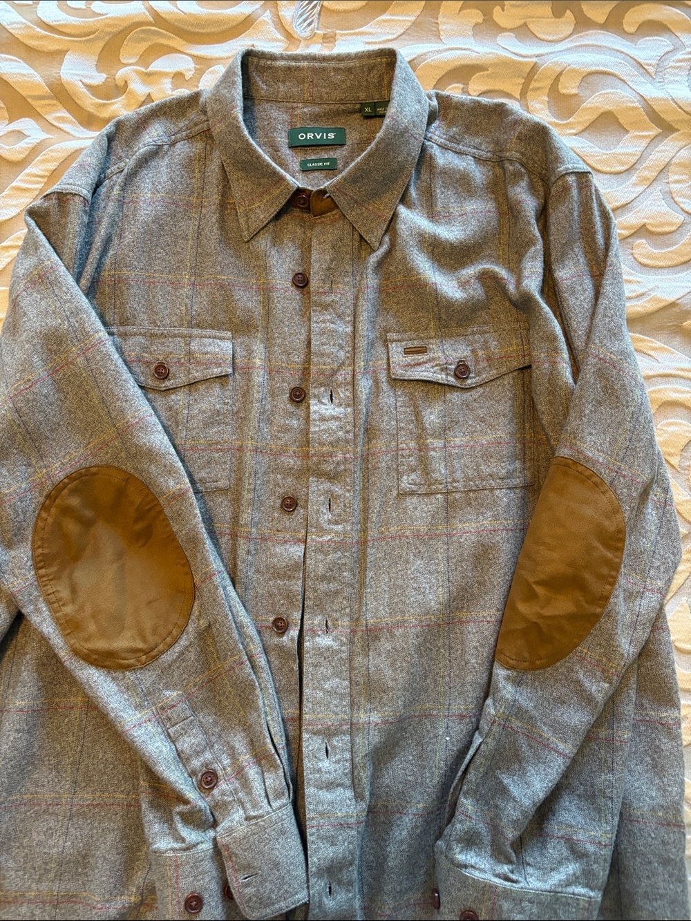 Orvis Gray Plaid Field Jacket with Brown Elbow Patches. So very soft!